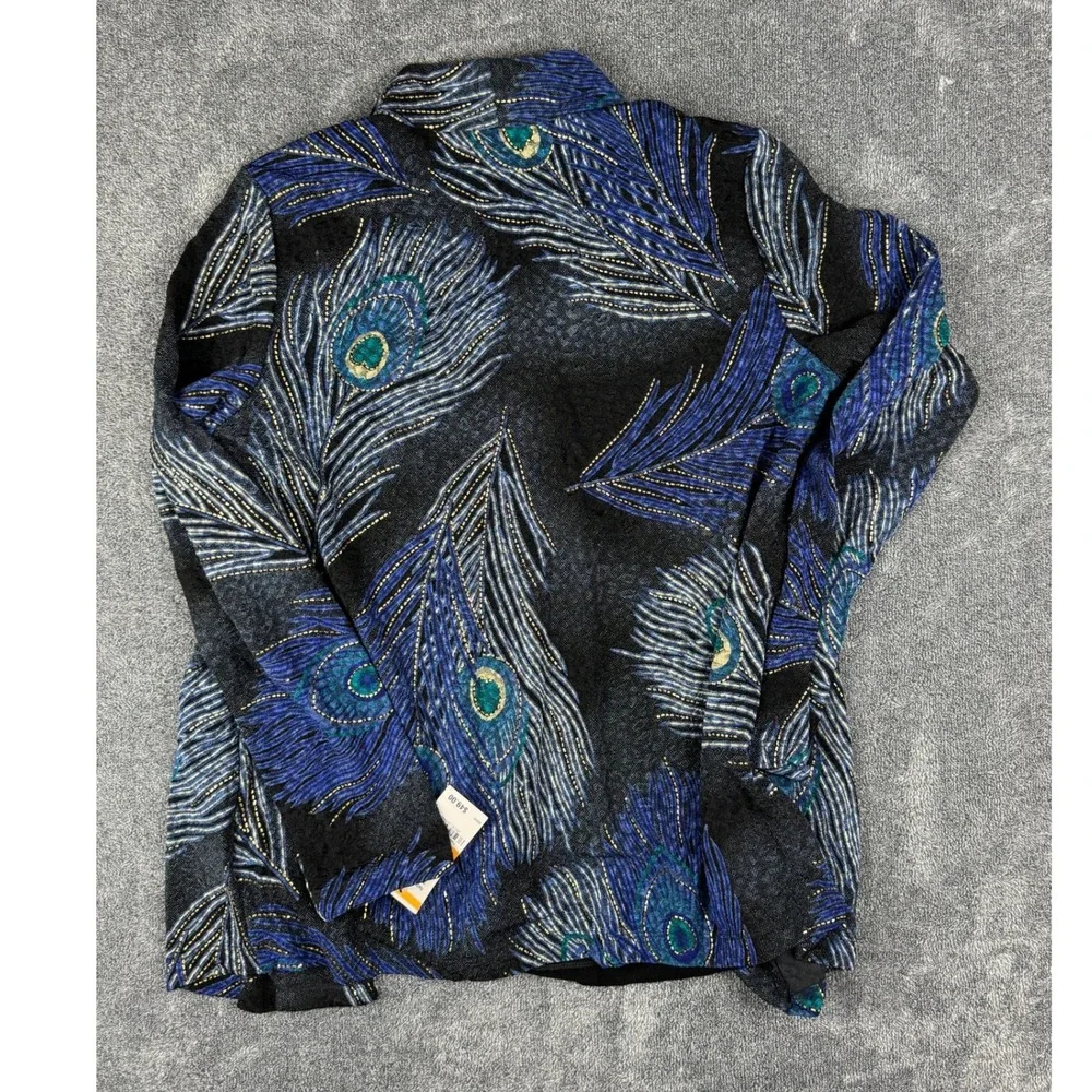 JM Collection Women Peacock Feather Print Open Front Cardigan Jacket Black Small